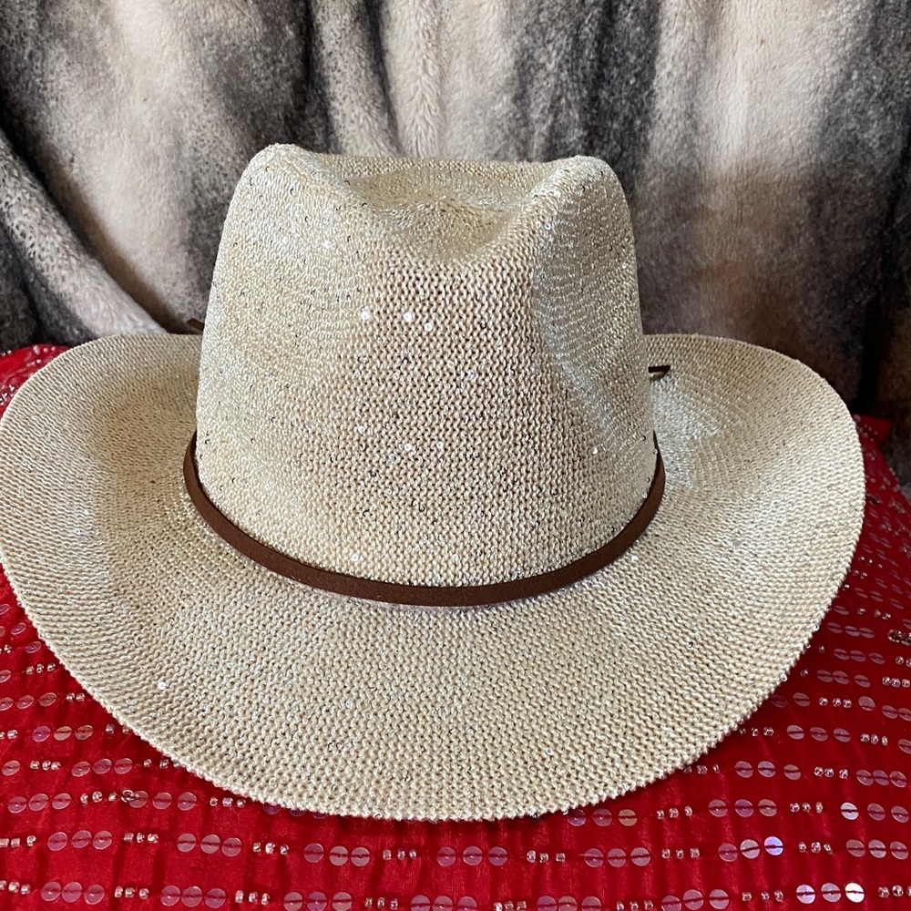 Designer Sparkling Nude Color Nude Sequins Cowboy Hat Adjustable Rim Interior - Picture 9 of 16